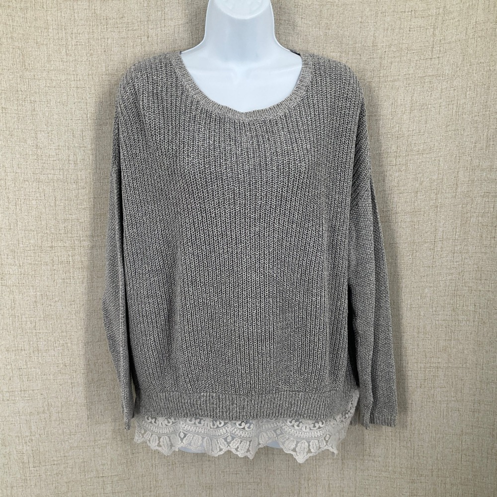 Pins and Needles Sweater Women S Grey Cotton Lace Trim Shaker Knit Anthropologie